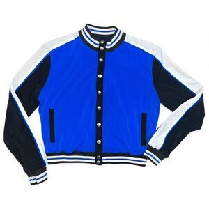 XOXO Women’s Blue Varsity Bomber Jacket | Size Medium